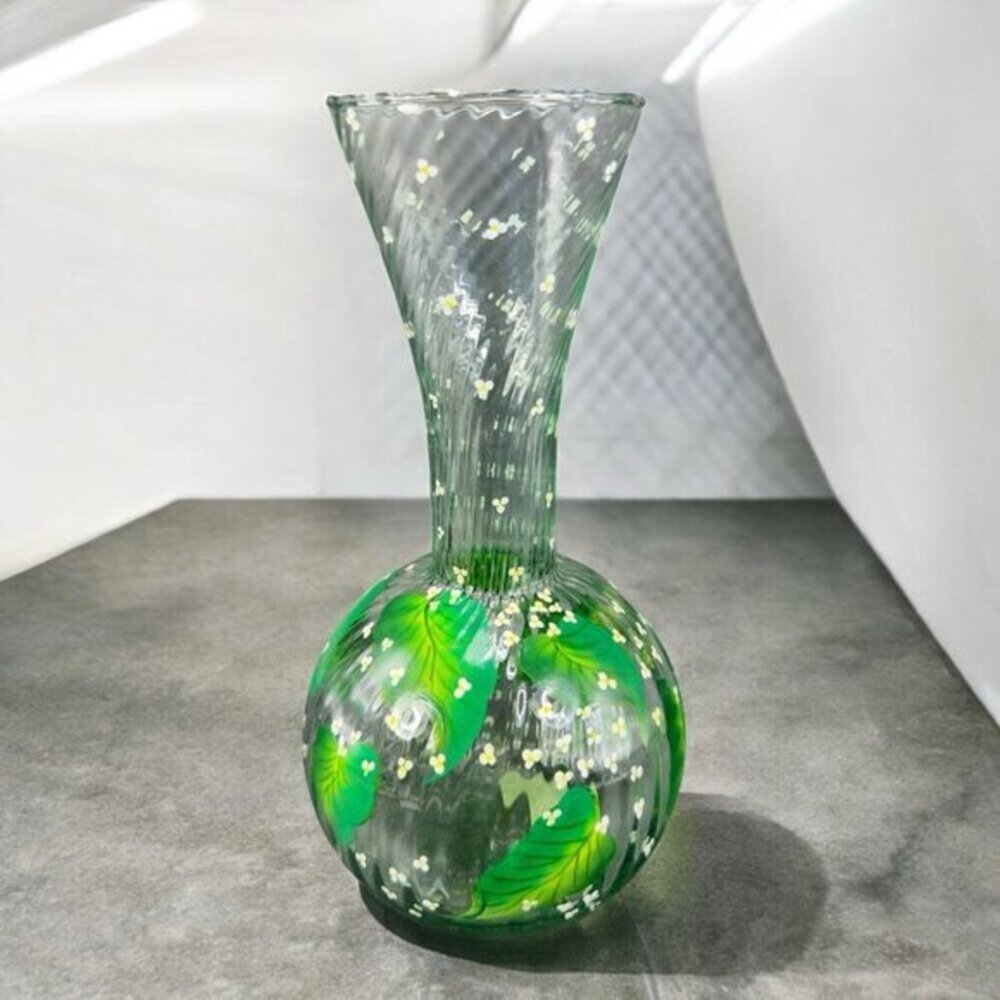 Elegant Impression By Trish Hand Painted Glass Vase Vessel Green Floral Pattern